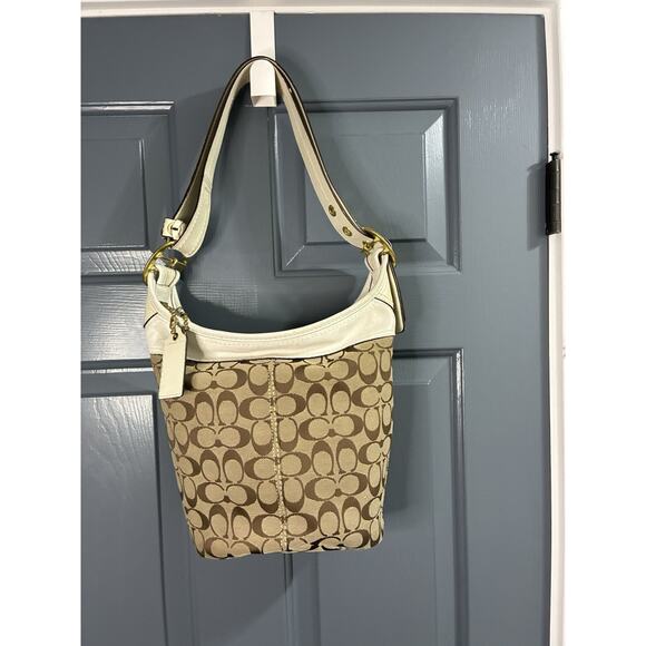 Coach 11437 Bleecker Bucket Bag Beige Canvas & White Leather Trim Purse - Picture 6 of 12